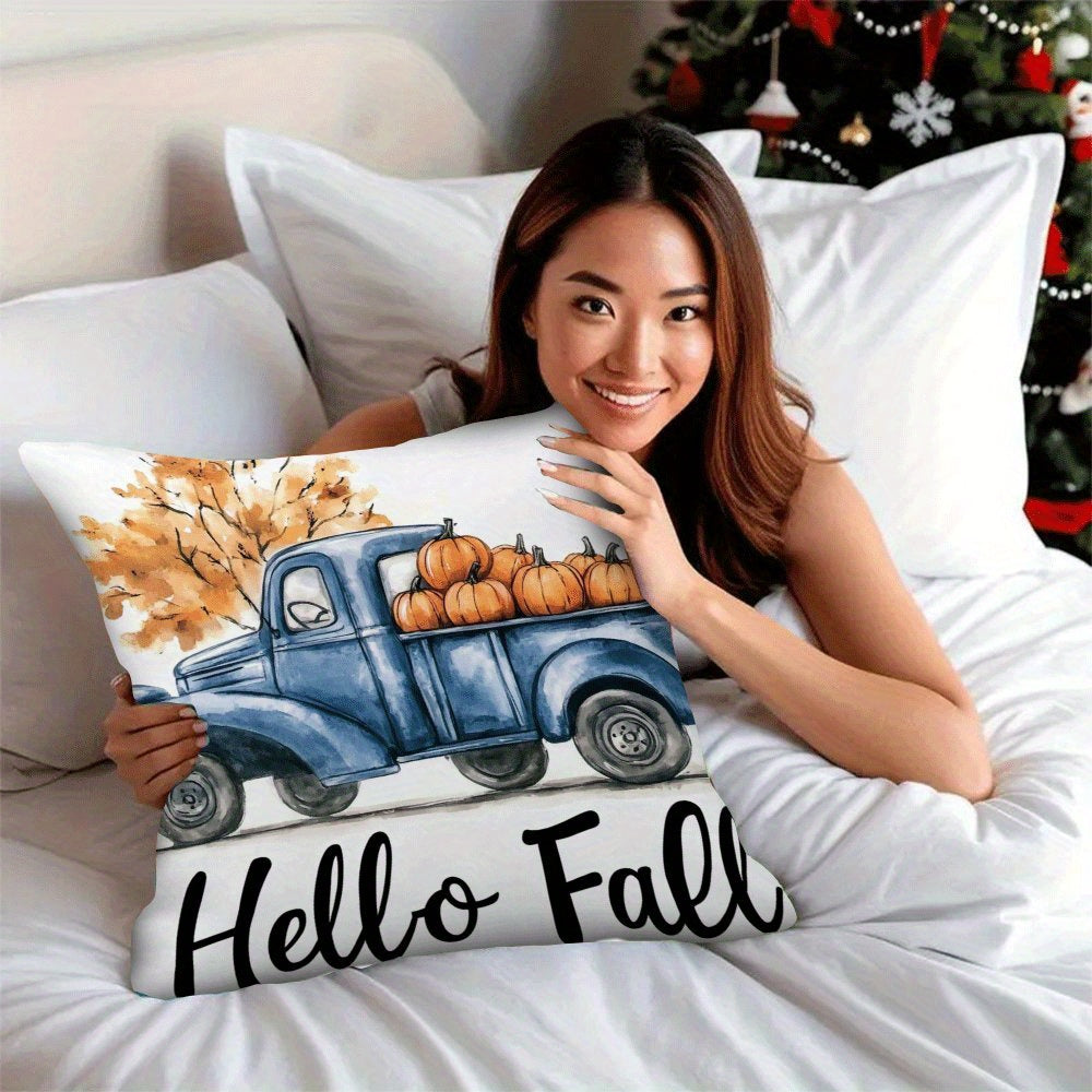 Set of 2 Flannel Pillow Covers 45.72 cm Zippered Pumpkin Truck Design for All Seasons