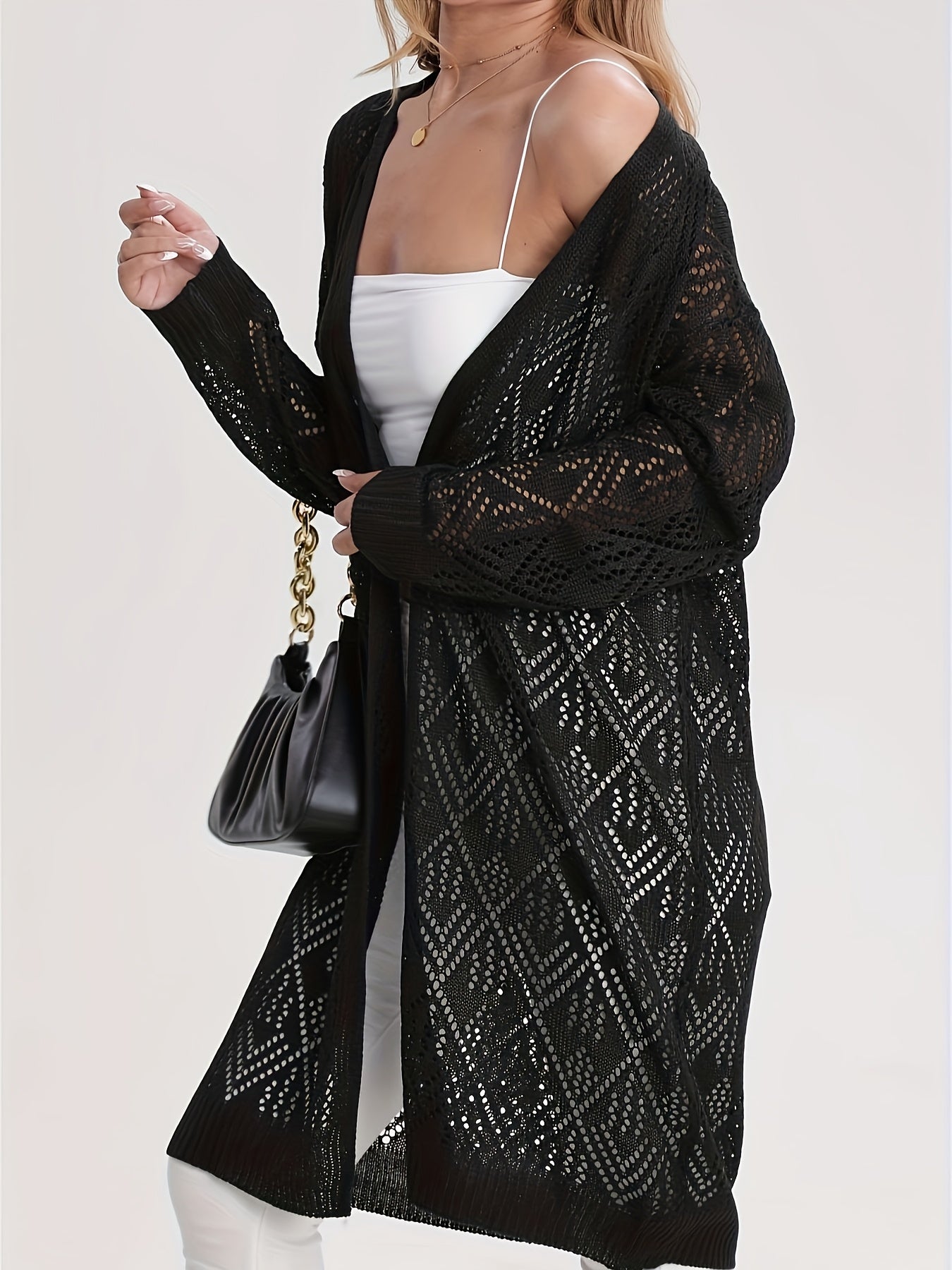 Plus-Size Women's Lace Cardigan Open Front Beach Cover-Up Lightweight Spring Summer Black