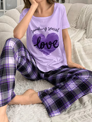 Women's Casual Heart Letter Print Pajama Set Short Sleeve Top Plaid Pants