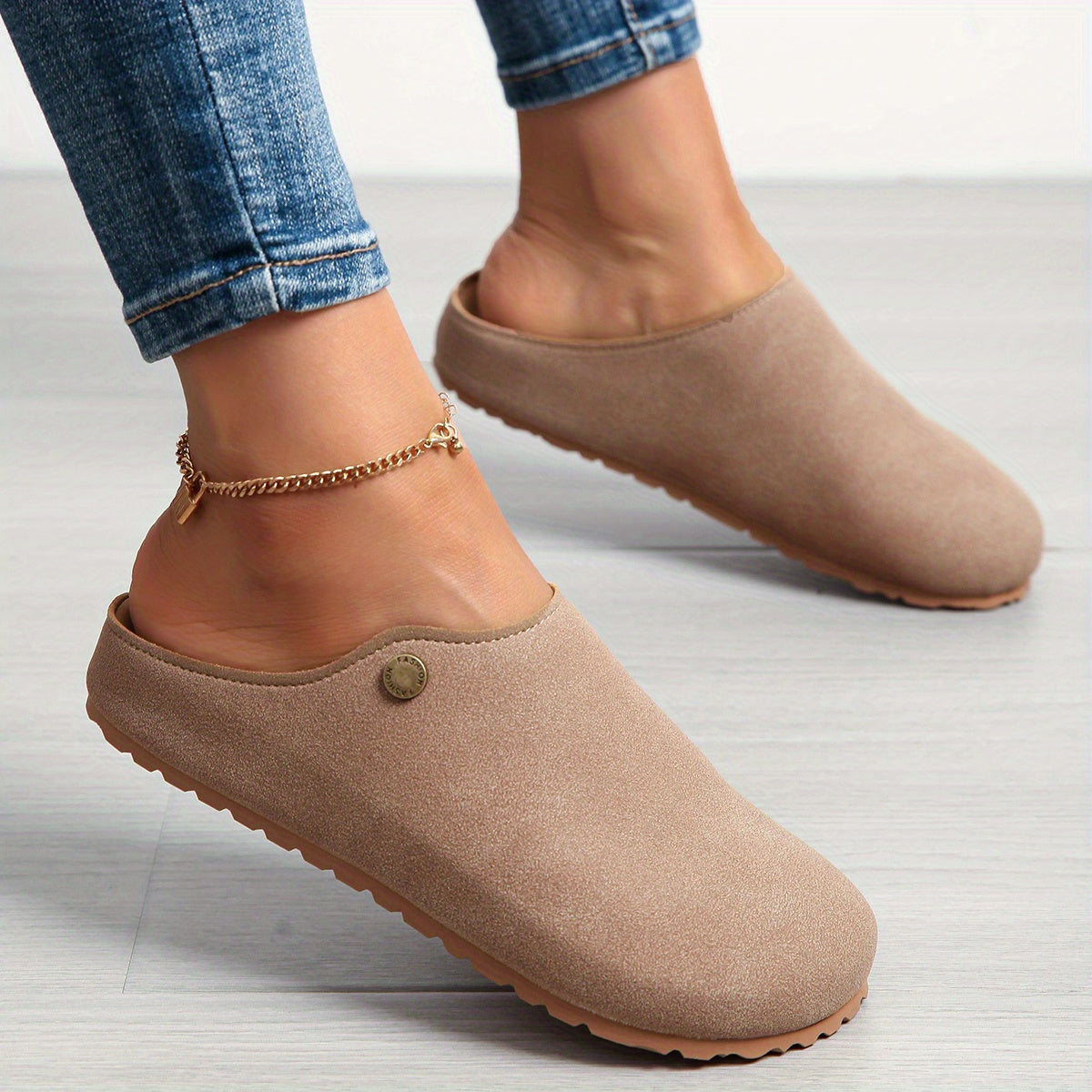 Women's Tan Mules Flat Slip-On Loafers with Ankle Strap