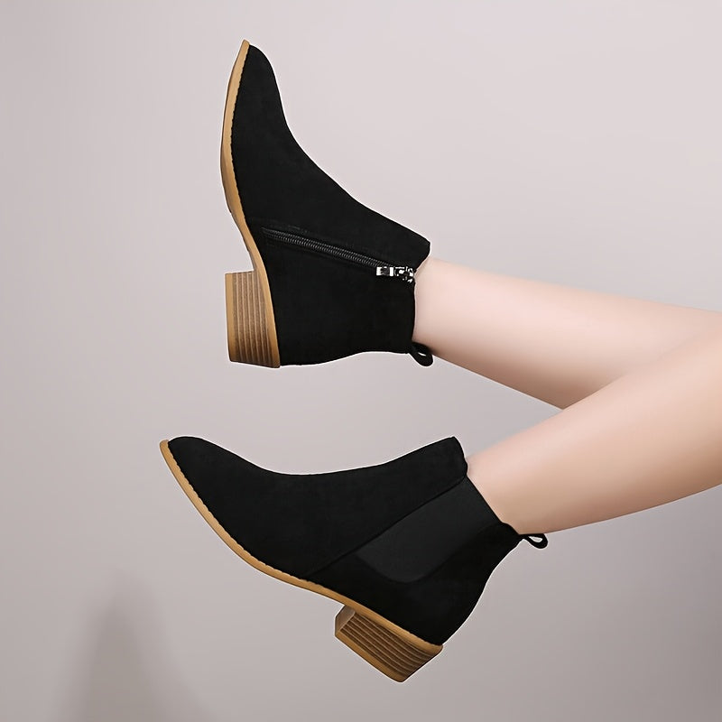 Women's Fashion Short Boots Black Leather Slip-On