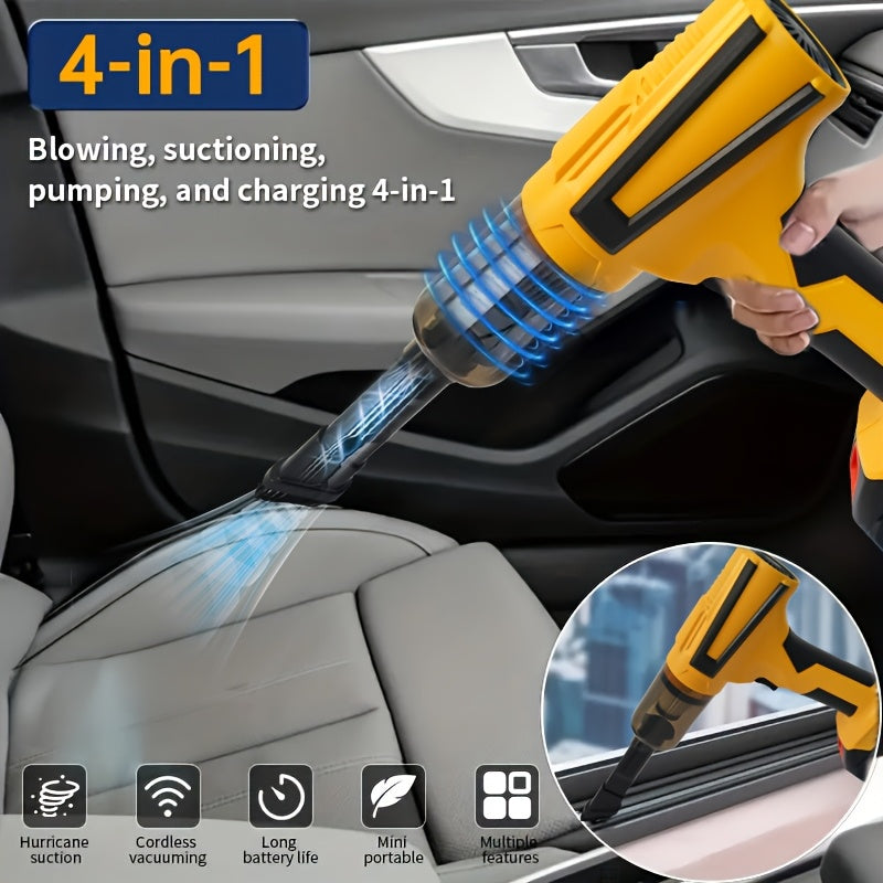 Портативный беспроводной пылесос с бесщеточным мотором мощностью 20000Па и множеством насадок, подходящий для интерьеров автомобилей, домов и офисов. Оснащен возможностью зарядки через USB и прочной конструкцией.
