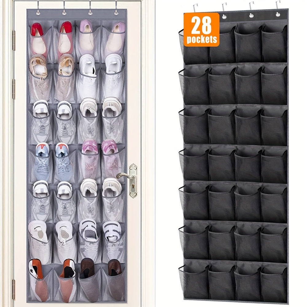 Foldable Black and Grey Over-the-Door Shoe Organizer with 28 Pockets and Metal Hooks