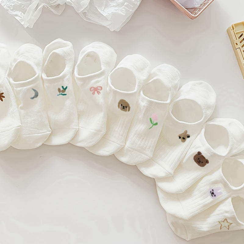 Women's No-Show Socks Pack of 10 Animal and Floral Breathable Polyester Non-Slip Heel