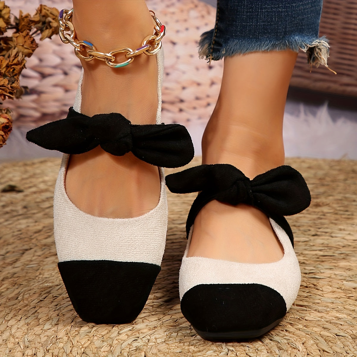 Women's Flat Shoes Spring Fairy Style Fabric Slip-On Bow Solid Color Rubber Sole