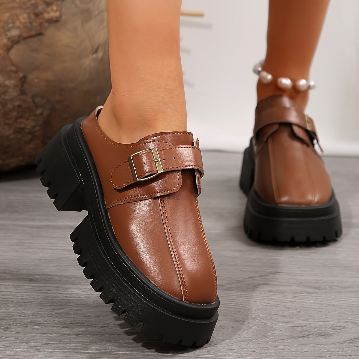 Women's Mules Solid Color Slip-On Loafers Water-Resistant Platform Heels