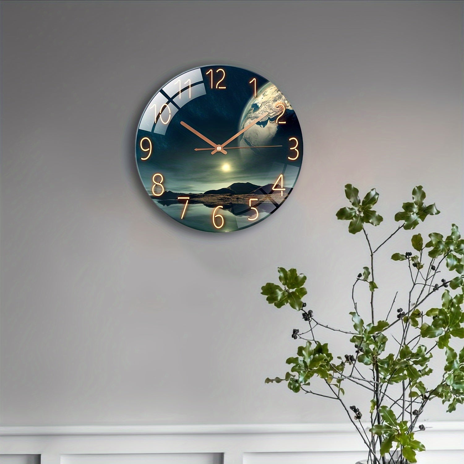 12-Inch Glass Wall Clock with Earth Landscape Design for Living Room and Bedroom Decor