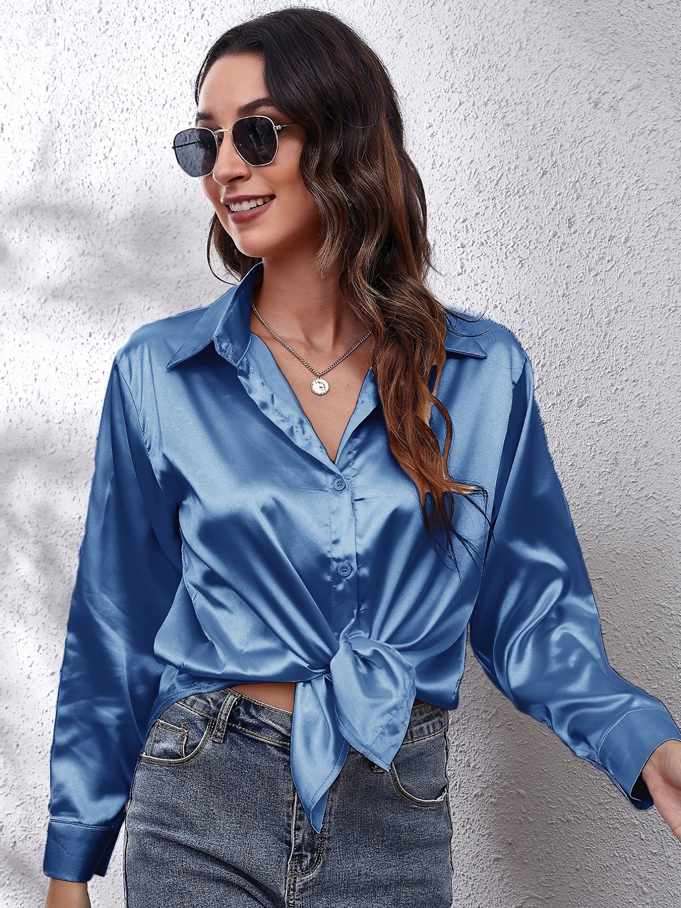 Women's Satin Shirt Long Sleeve Solid Color Lapel Collar Regular Length Single Breasted Elegant Polyester