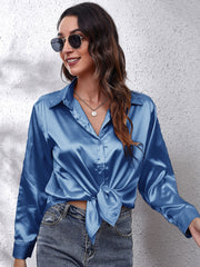 Women's Satin Shirt Long Sleeve Solid Color Lapel Collar Regular Length Single Breasted Elegant Polyester
