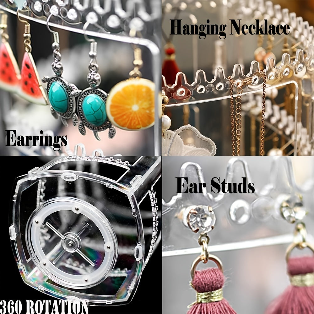 Clear Rotating Jewelry Organizer 4-Tier Tree Tower Stand for Earrings Bracelets Necklaces