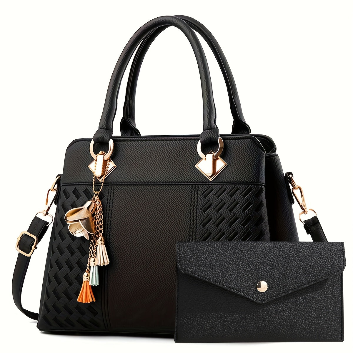 Women's Black Tote Bag Set with Removable Strap Zipper Closure and Polyester Lining