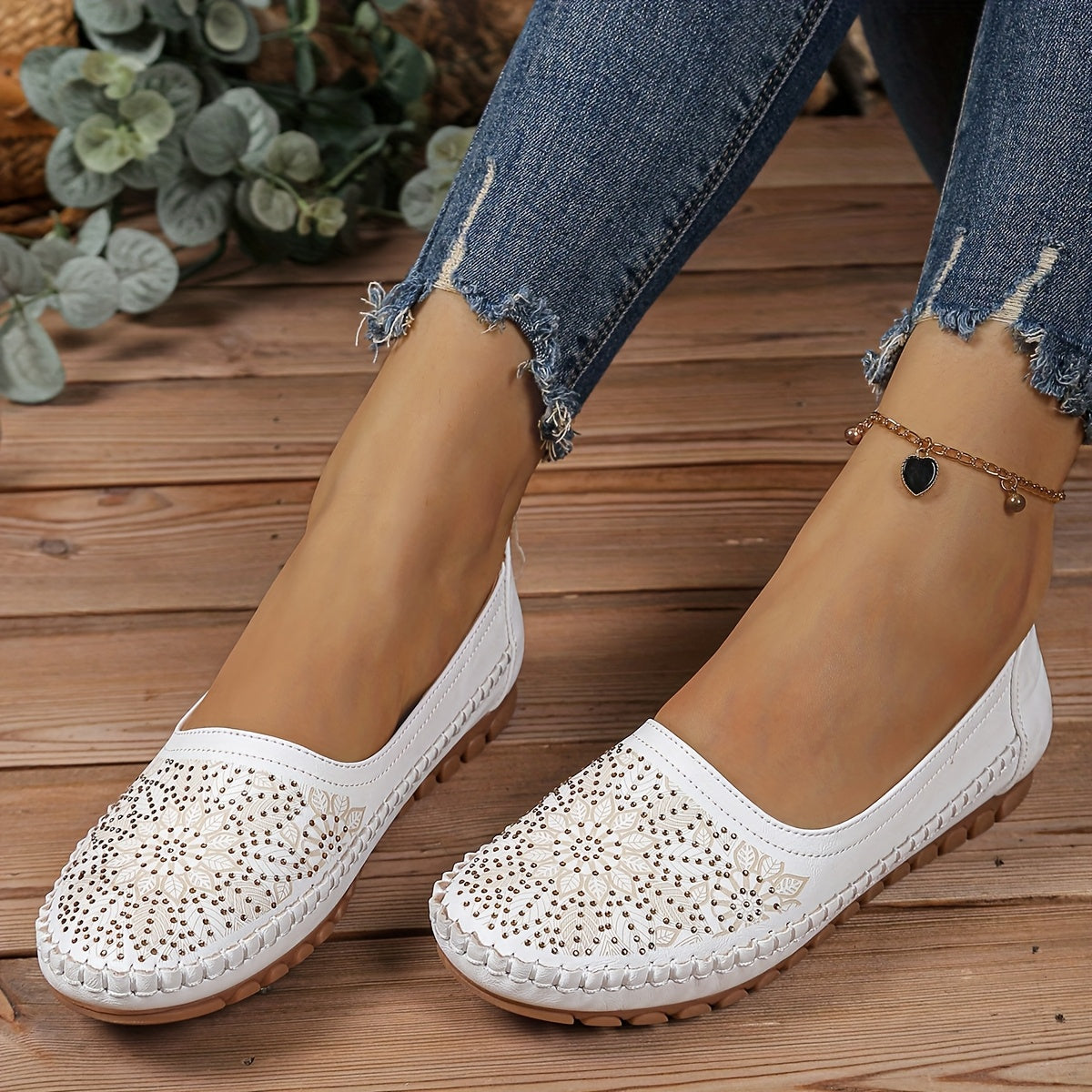 Women's Leather-Embroidered Slip-On Penny Loafers Flat Shoes