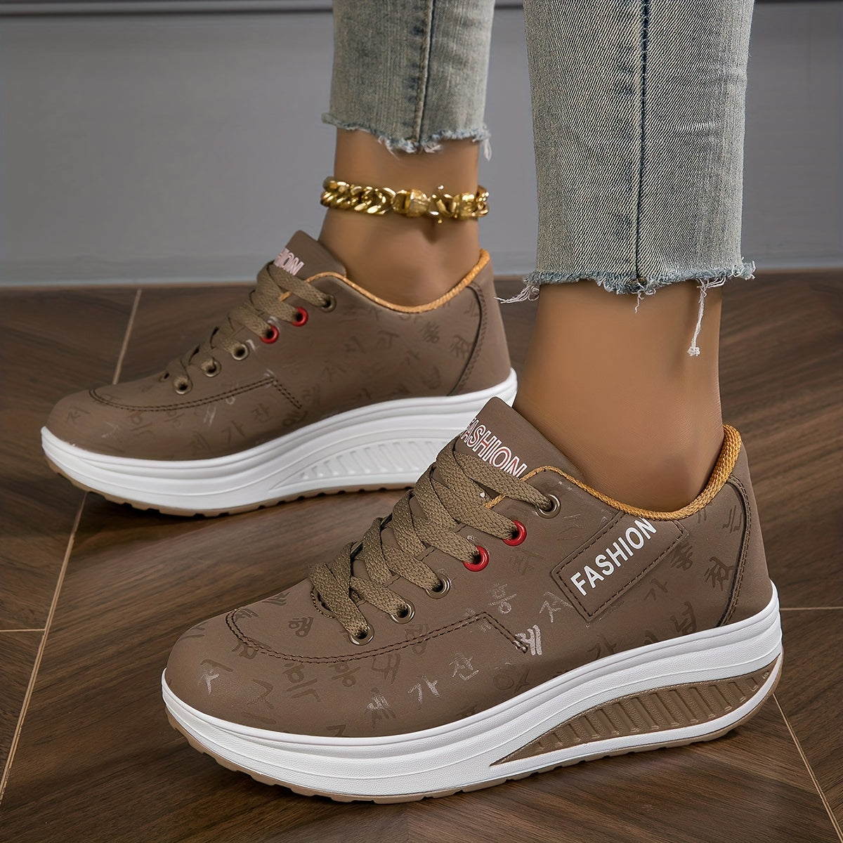 Women's Casual Rocker Sneakers Breathable Non-Slip Brown White Soles