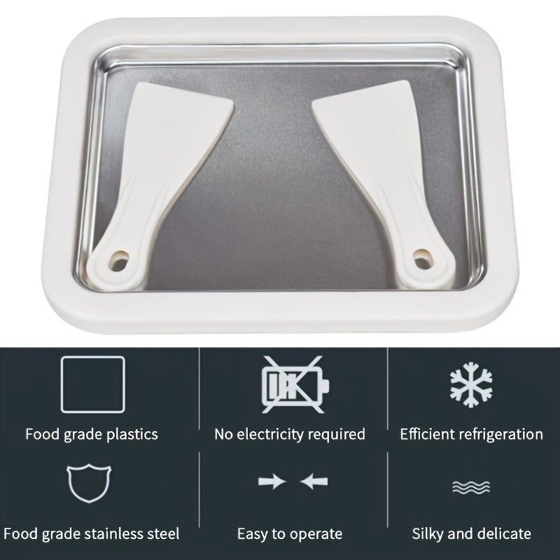 Nerjissizlik po'latdan yasalgan qo'lda ishlovchi muzqaymoq tayyorlagich, kvadrat shaklida, ikki qavatli qirqishlar bilan. Faqat qo'lda yuvish, elektr yoki batareyaga ehtiyoj yo'q. Muzqaymoq, meva va sut uchun ideal. Uyda tayyorlangan uchun mukammal.