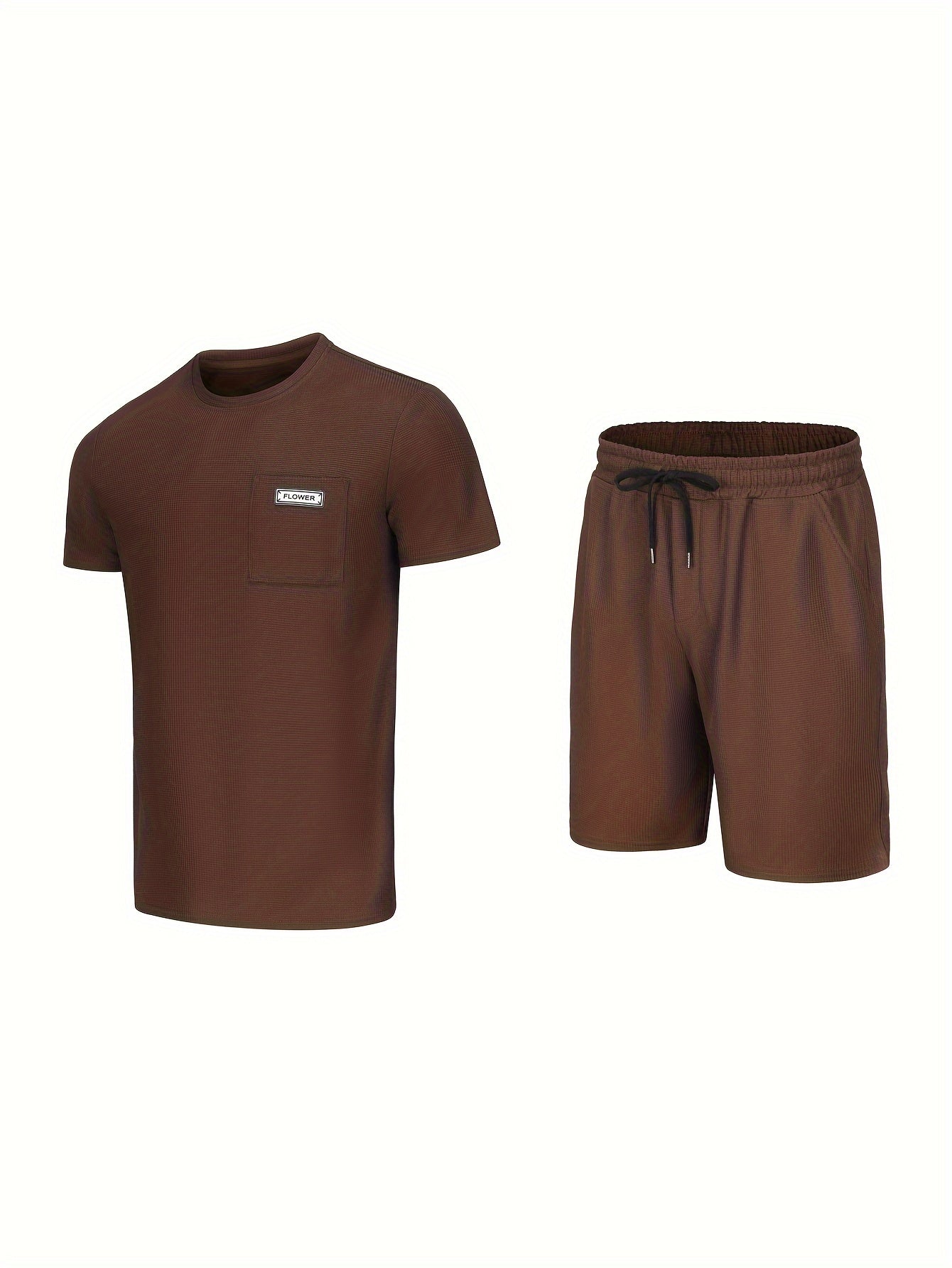 Men's Summer Casual Polyester Knit Shorts Sports Suit Solid Color Crew Neck Regular Fit