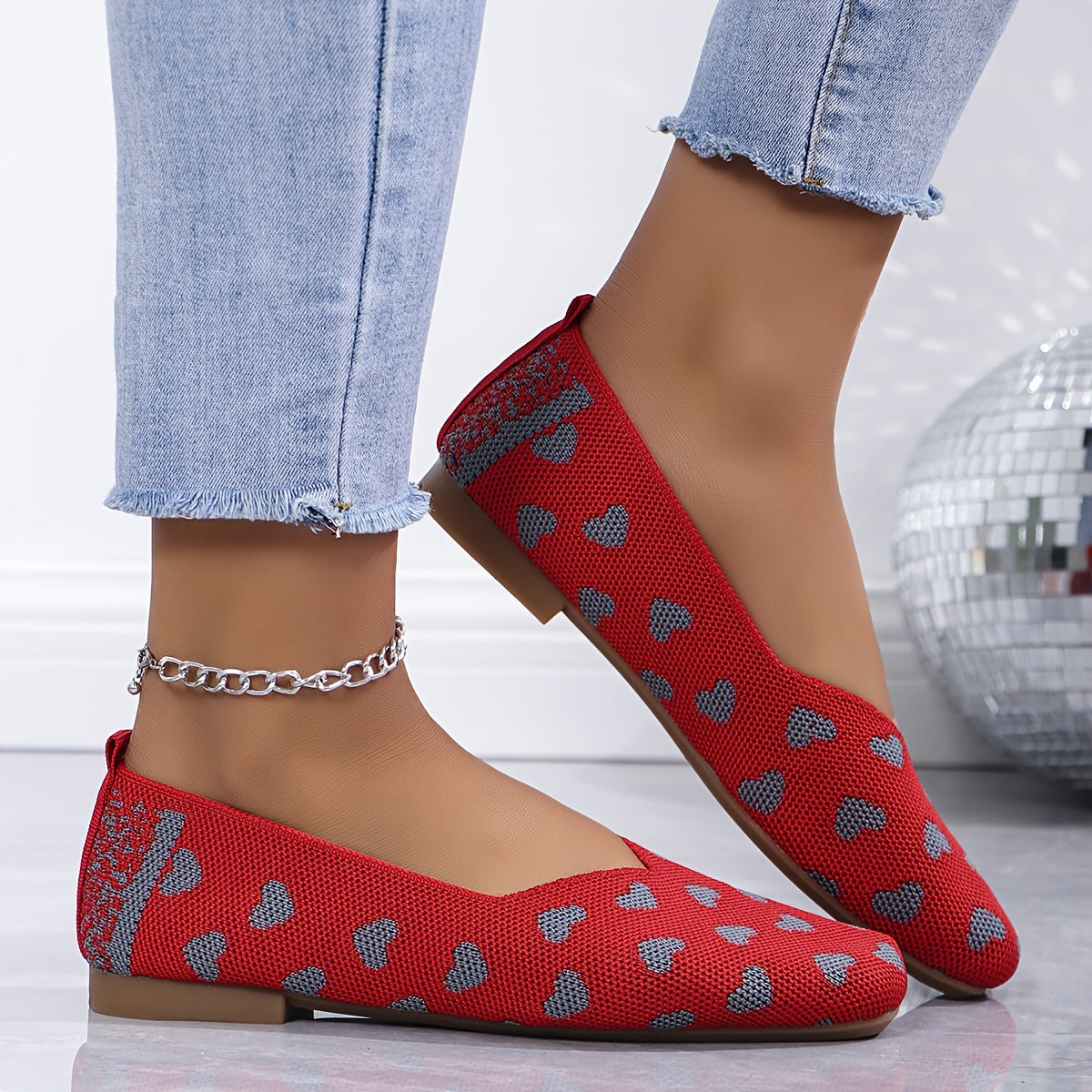 Zapatillas casuales de ballet para mujer con patrón de corazón y correa tipo Mary-Jane