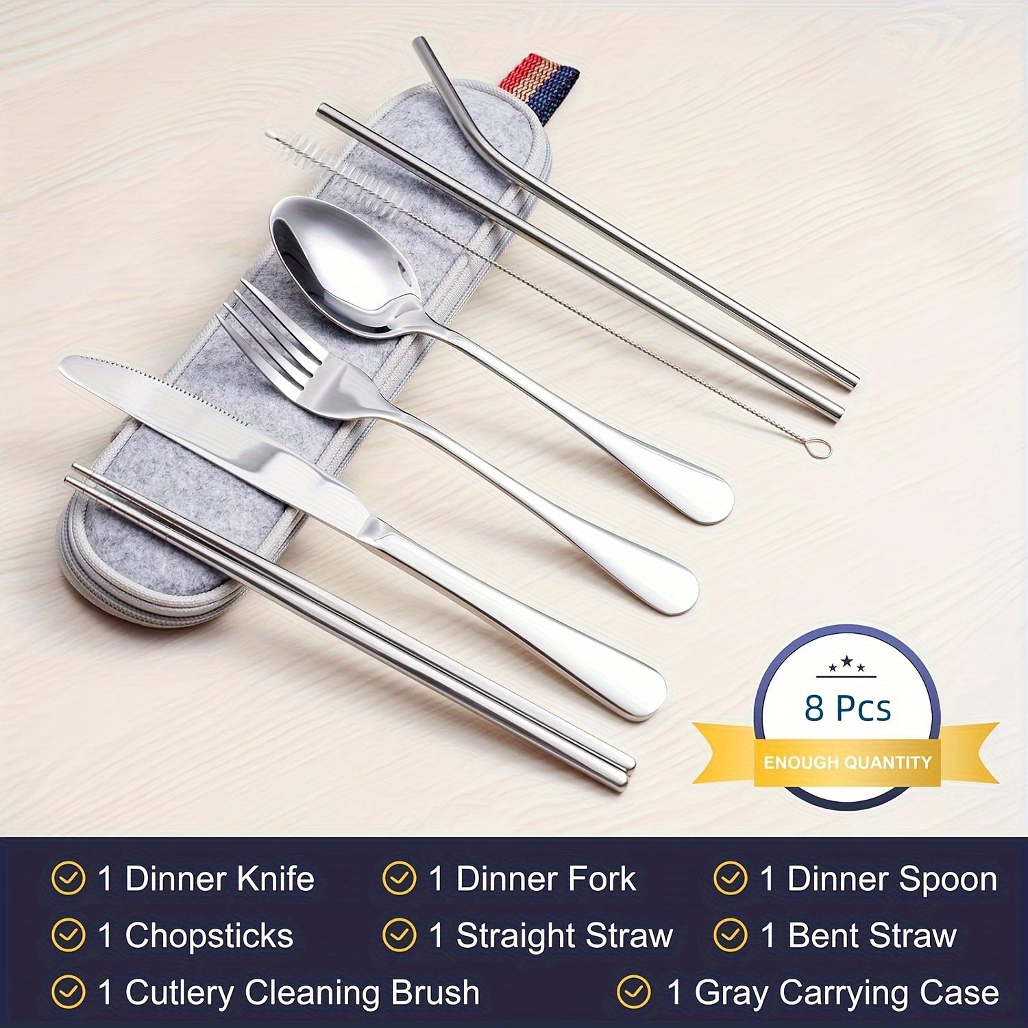 Camping Cutlery Set with 8 Stainless Steel Pieces Knife Fork Spoon Chopsticks and Carry Case