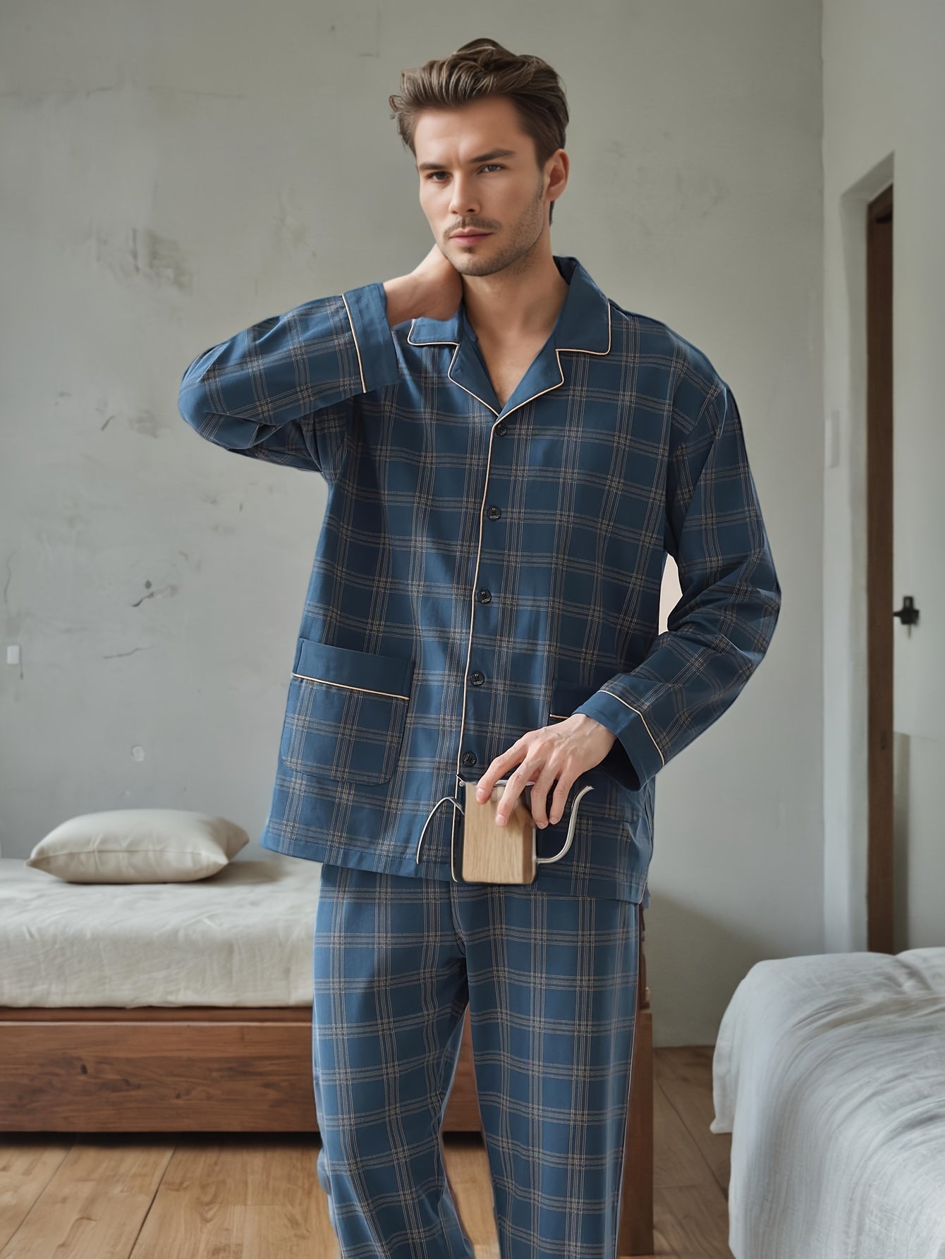 Conjunto de pijama de cuadros para hombre en primavera y otoño, con cárdigan de manga larga, ajuste holgado y estilo casual