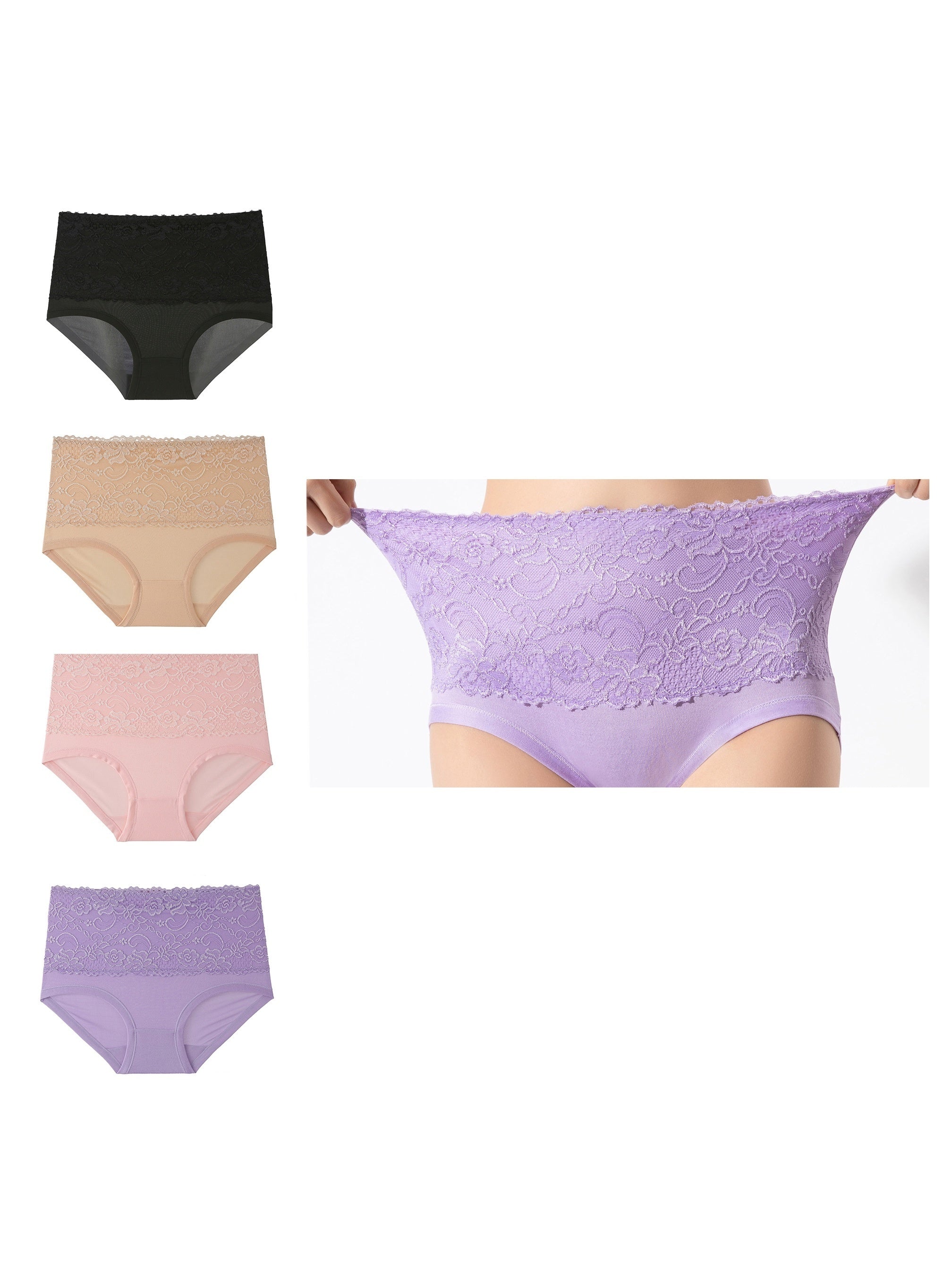 Plus Size High-Waisted Briefs 4-Pack Nylon Spandex Solid Lace Comfortable