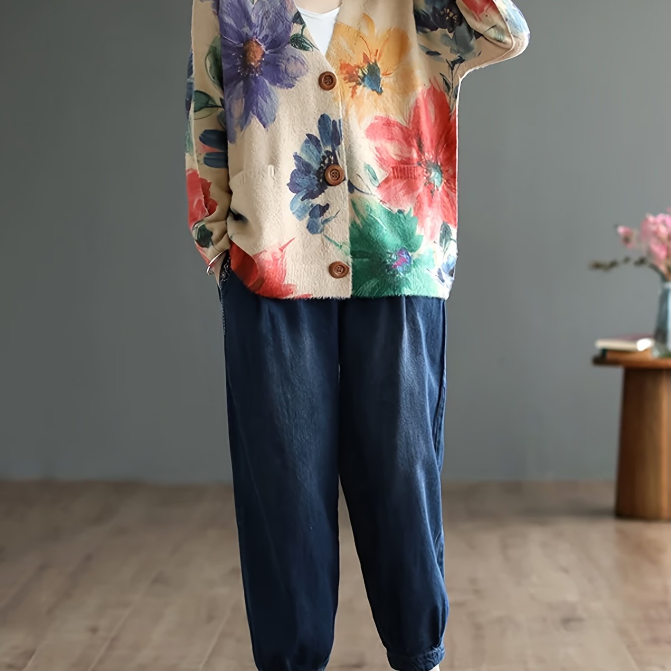 Women's Plus Size Floral Pattern Cardigan with Pockets Long Sleeves Fall Winter