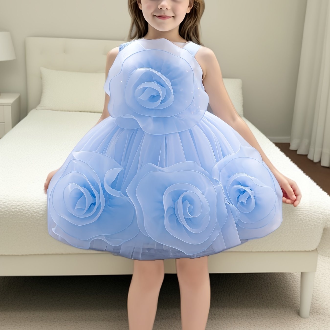 Girls Sleeveless Red Floral Dress for Young Girls Midi Fitted Party Piano Performance