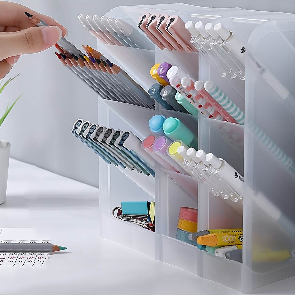 4-Compartment Vertical Desk Organizer with Slant Insert Space-Saving Plastic Storage