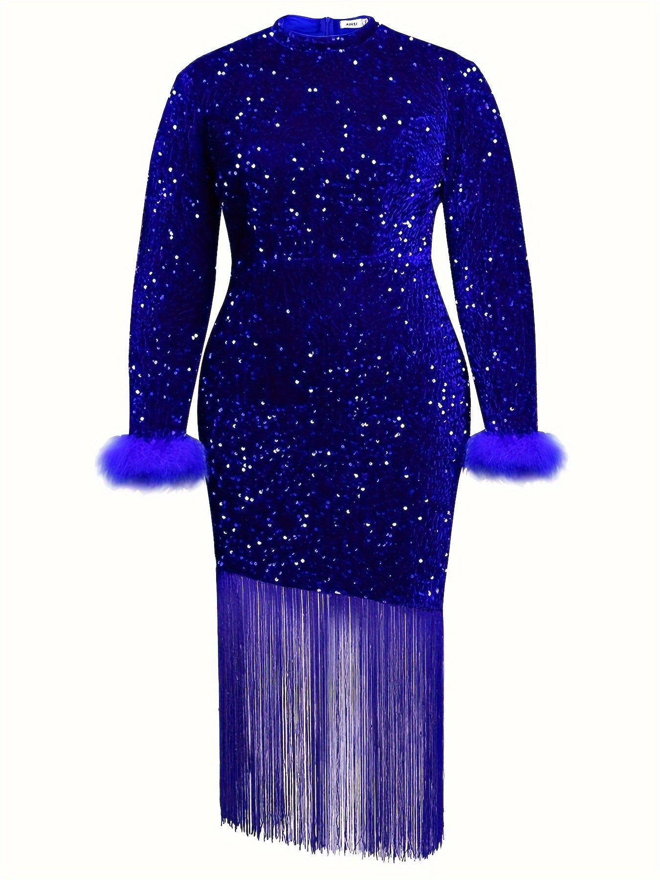 Plus Size Sequin Fringe Hem Bodycon Dress Long Sleeve Party Banquet