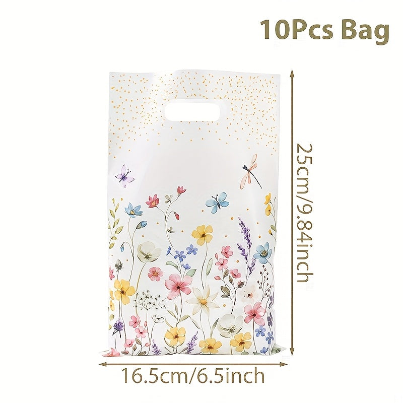 Bolsas de regalo de plástico con diseño de hojas y flores de la temática Wildflowers, set de 10, 25, 50, con asa de punzón