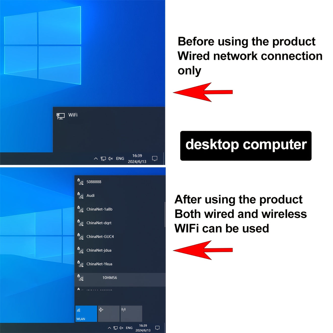 High-Gain 2.4G WiFi USB Adapter for Laptops and Desktops Up to 150Mbps