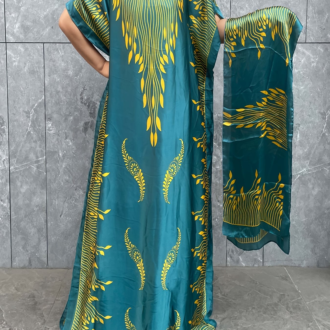 Plus Size Turkish Kafatan Robe With Scarf Geometric Polyester Bat Sleeve