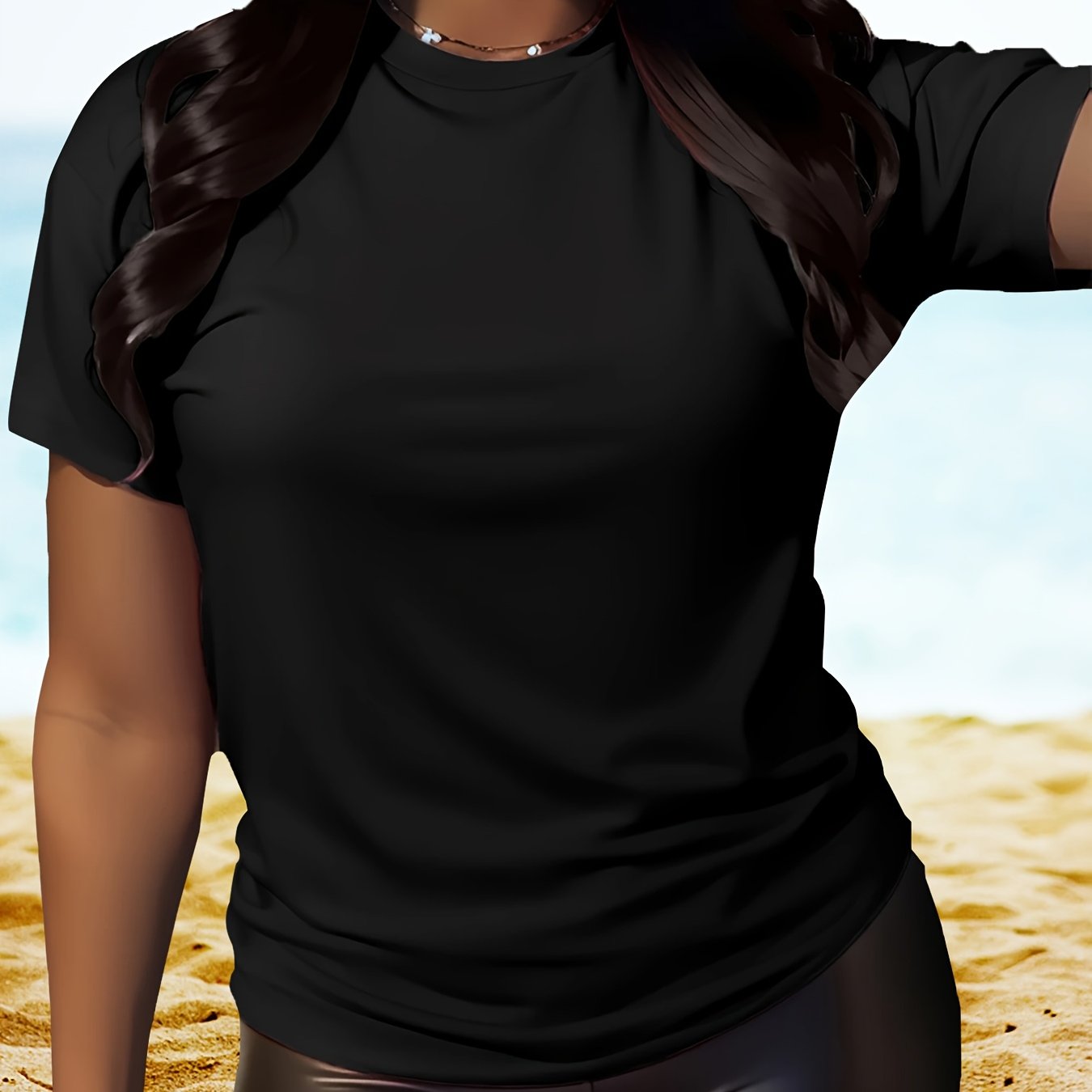 Plus o'lcham ayollar uchun qisqa sleeve, krujka bo'yinli, bir rangli, elastik polyester T-shirt