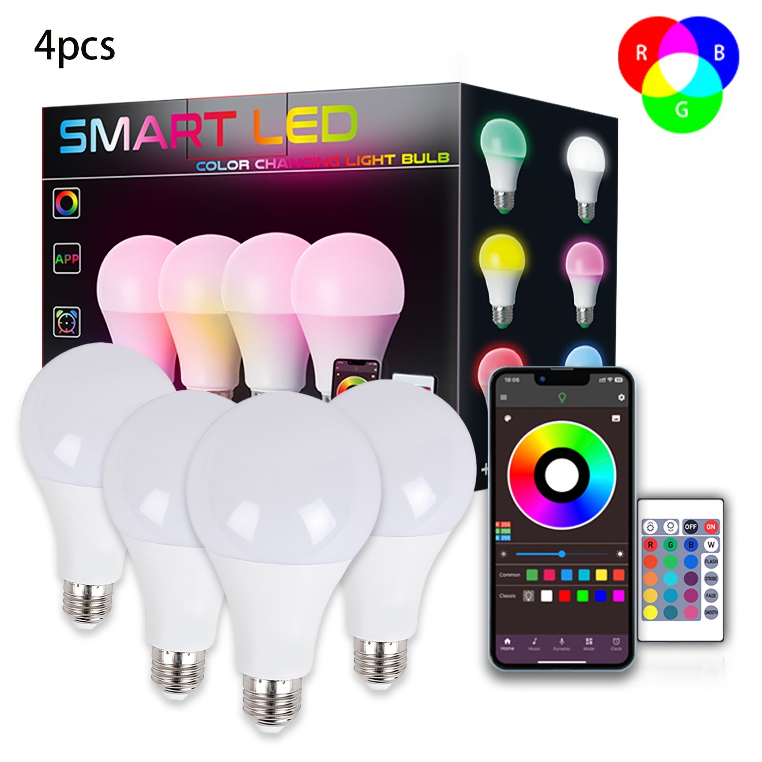 Умная RGBW LED лампочка для спальни с управлением через приложение, синхронизацией с музыкой, изменением цвета и функцией диммирования. Лампочка A19 E27, не поддерживающая Alexa/Google/WiFi.