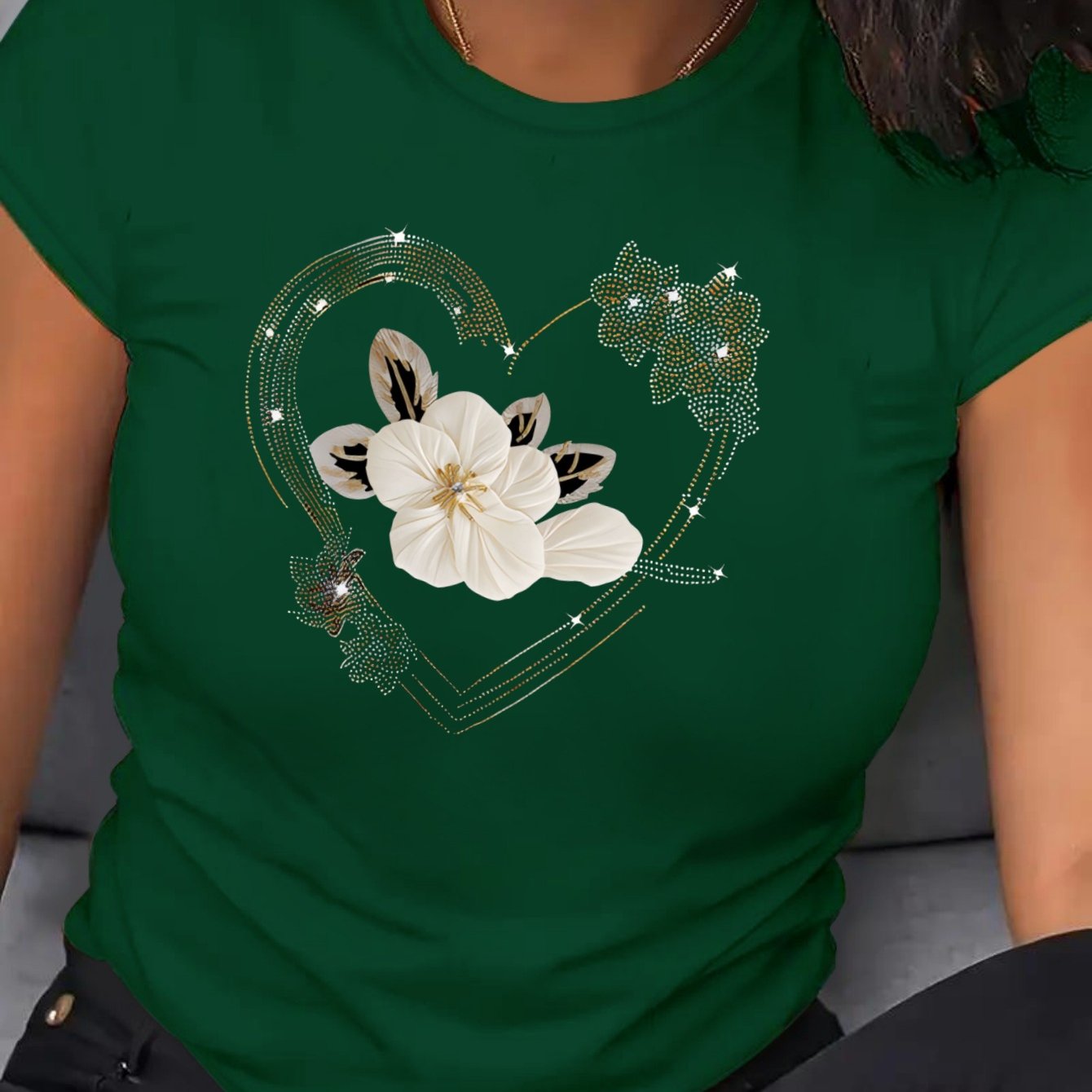 Plus Size Women's Floral Heart T-Shirt Breathable Polyester Short Sleeve