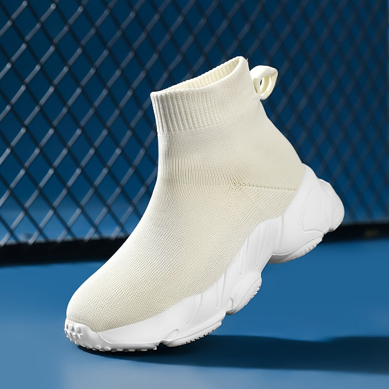 Zapatillas altas para mujer de color sólido, zapatillas slip-on de punto, cómodas y elásticas