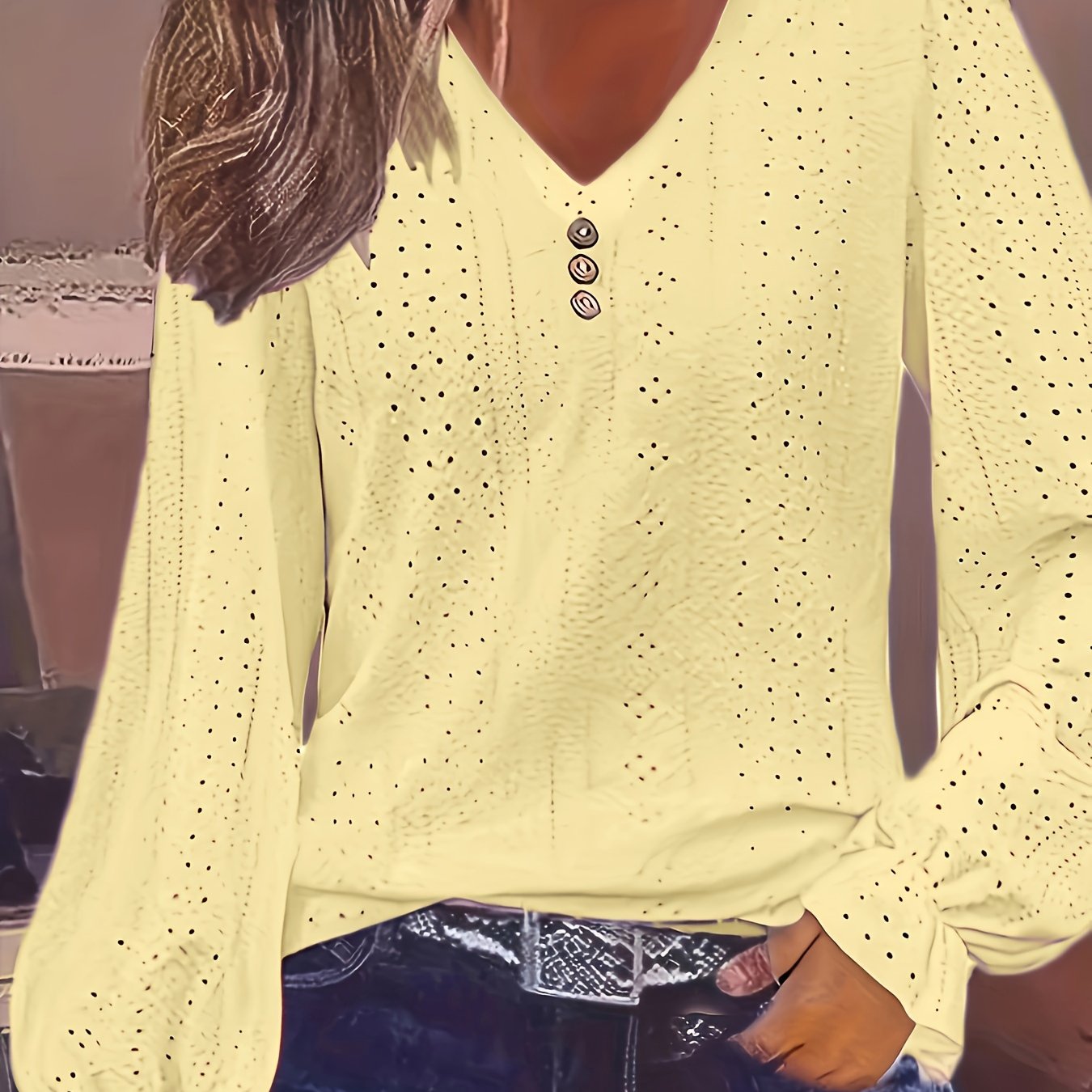 Plus Size Eyelet Button Decor T-Shirt Casual V Neck Long Sleeve Top