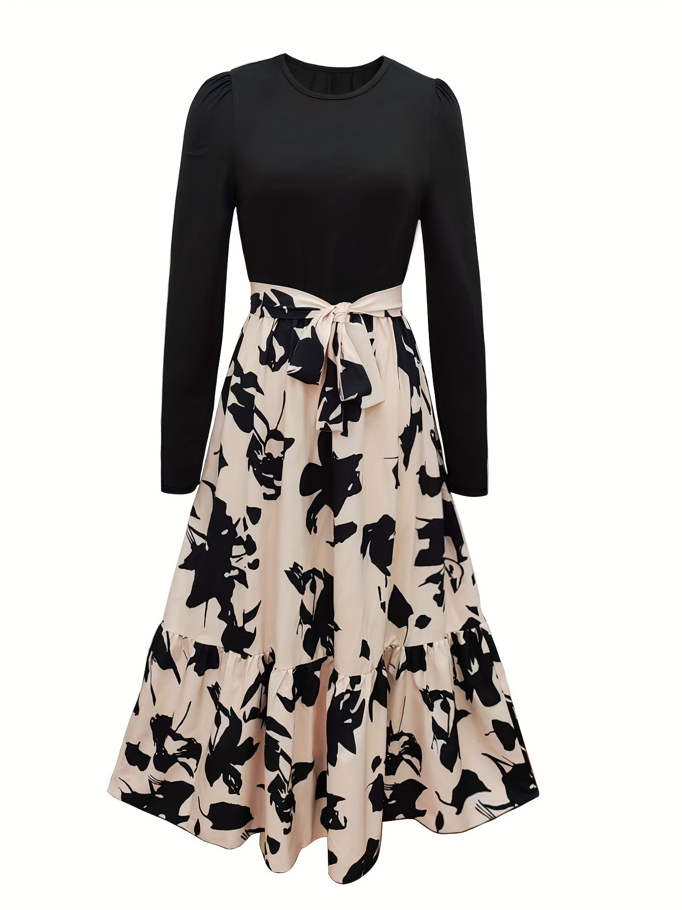 Women's Floral Print Tie Waist Midi Dress with Long Sleeves and Patchwork Design
