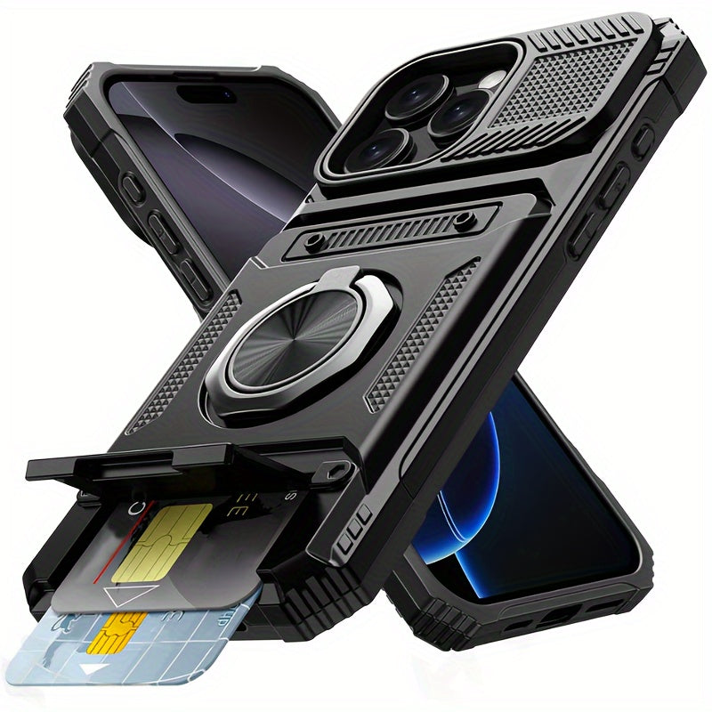 Heavy Duty Phone Case with Metal Stand and Card Slot for iPhone 16 Pro Max 15 Pro Max 14 Pro Max