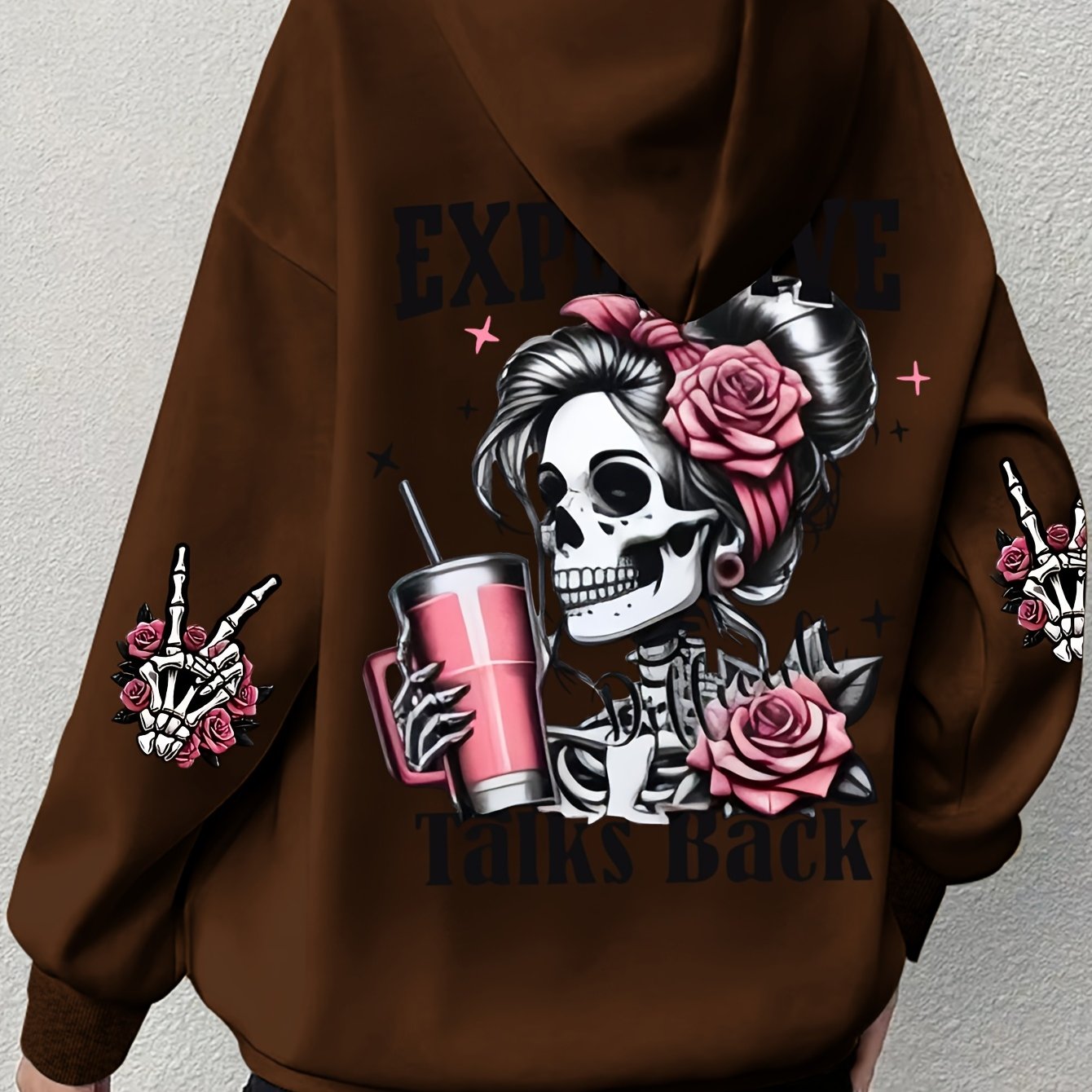 Plus Size Skull Print Drawstring Hoodie Casual Long Sleeve Fall Winter Women's Clothing