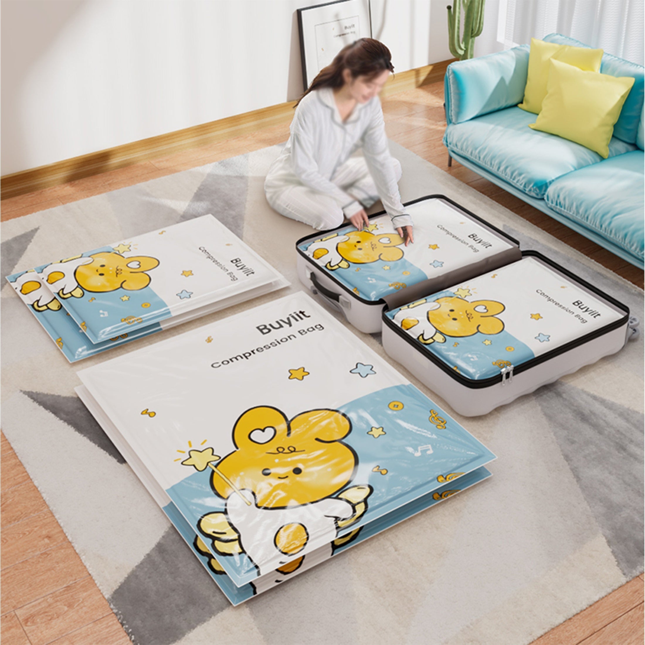 3 ta yurak bargi quyonli vakuum saqlash sumkallari to'plami, yostiq, kiyim, to'shaklar uchun, joyni tejash