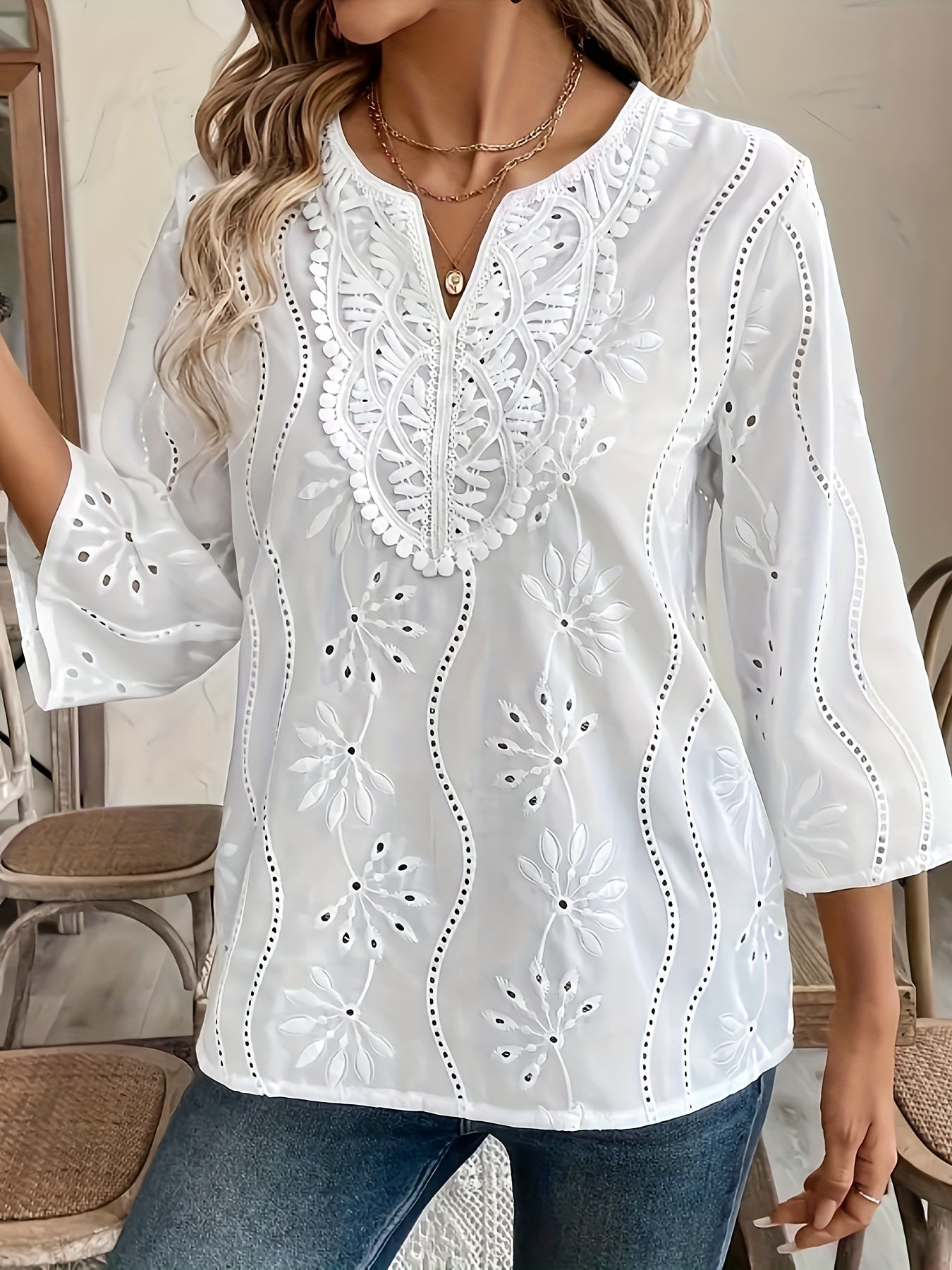 Women's V-Neck Blouse with Lace Detail Solid Cotton Blend Spring Summer Fall