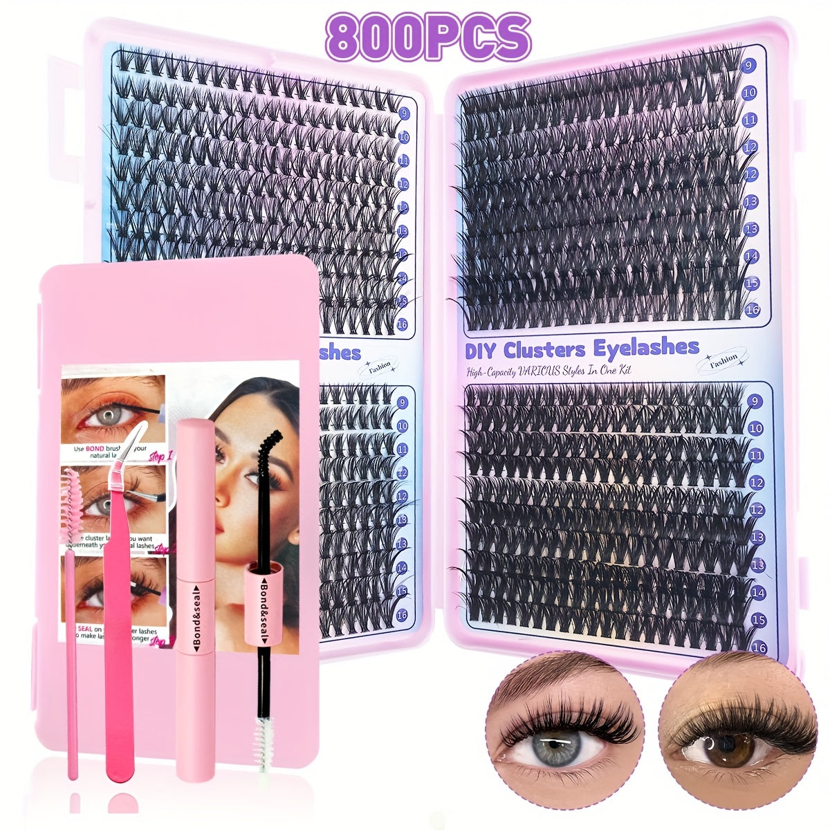 Набор для самостоятельного наращивания ресниц с индивидуальными пучками 9-16 мм для начинающих, пинцеты Lash Bond