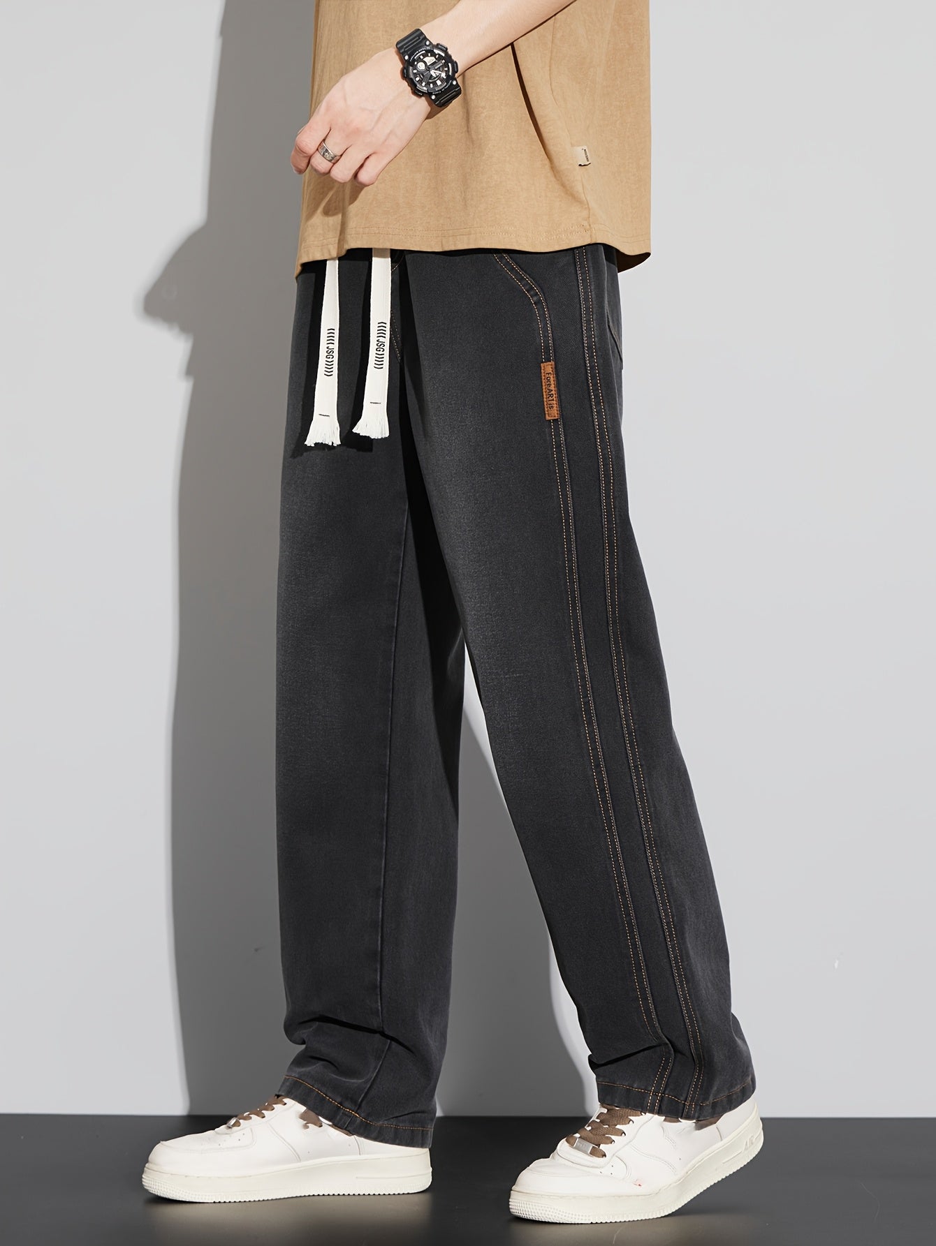 Мужские повседневные джинсы из денима свободного кроя с средней посадкой, на шнурке, для всех сезонов, из хлопково-полиэфирной смеси, однотонные