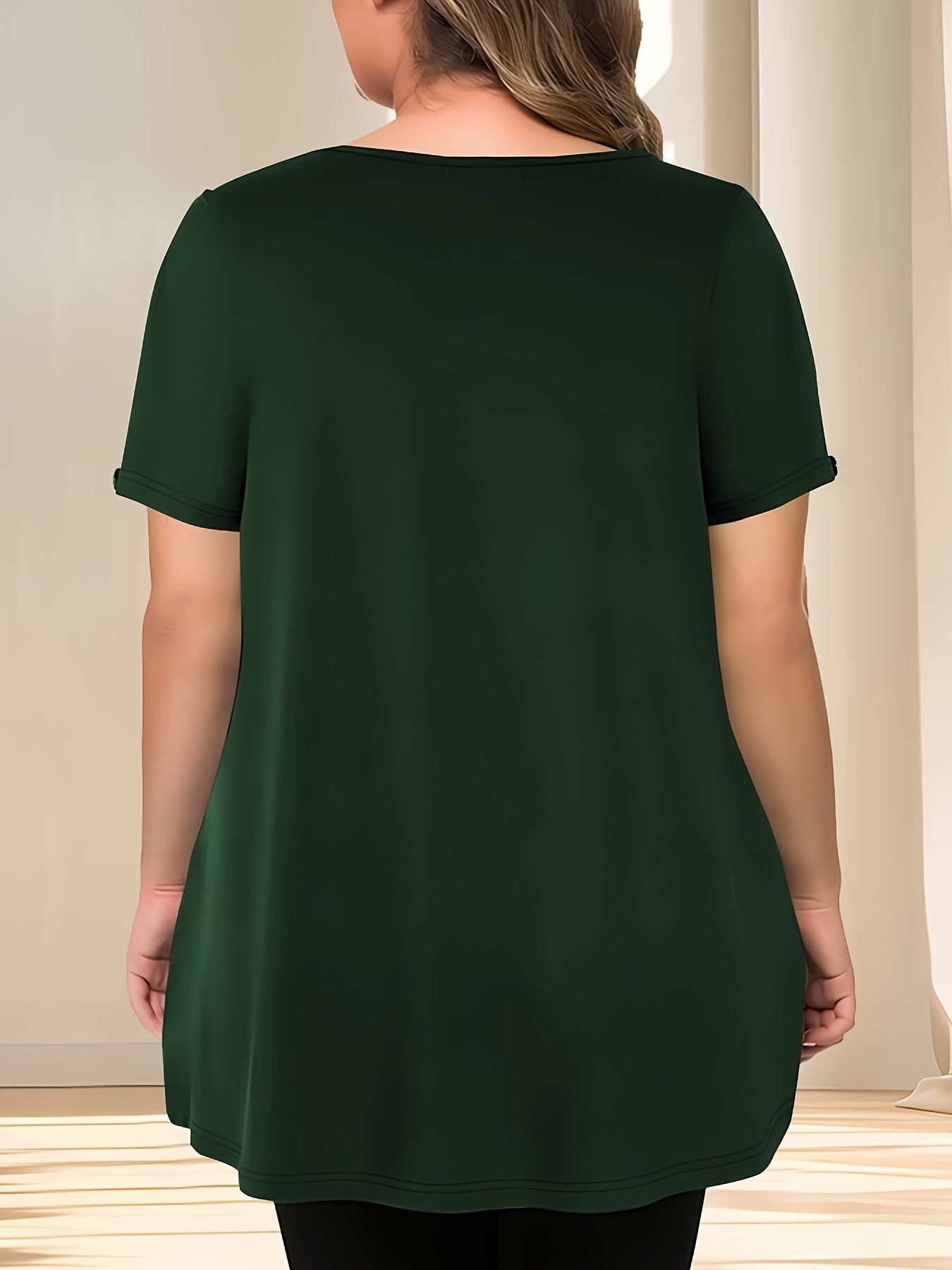 Camiseta de mujer de talla grande con pliegues y botones, verano casual de color sólido con cuello redondo
