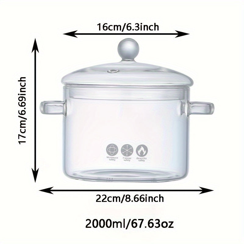 Glass Cooking Pot 1.5L/2L Borosilicate with Lid for Gas and Induction Stoves