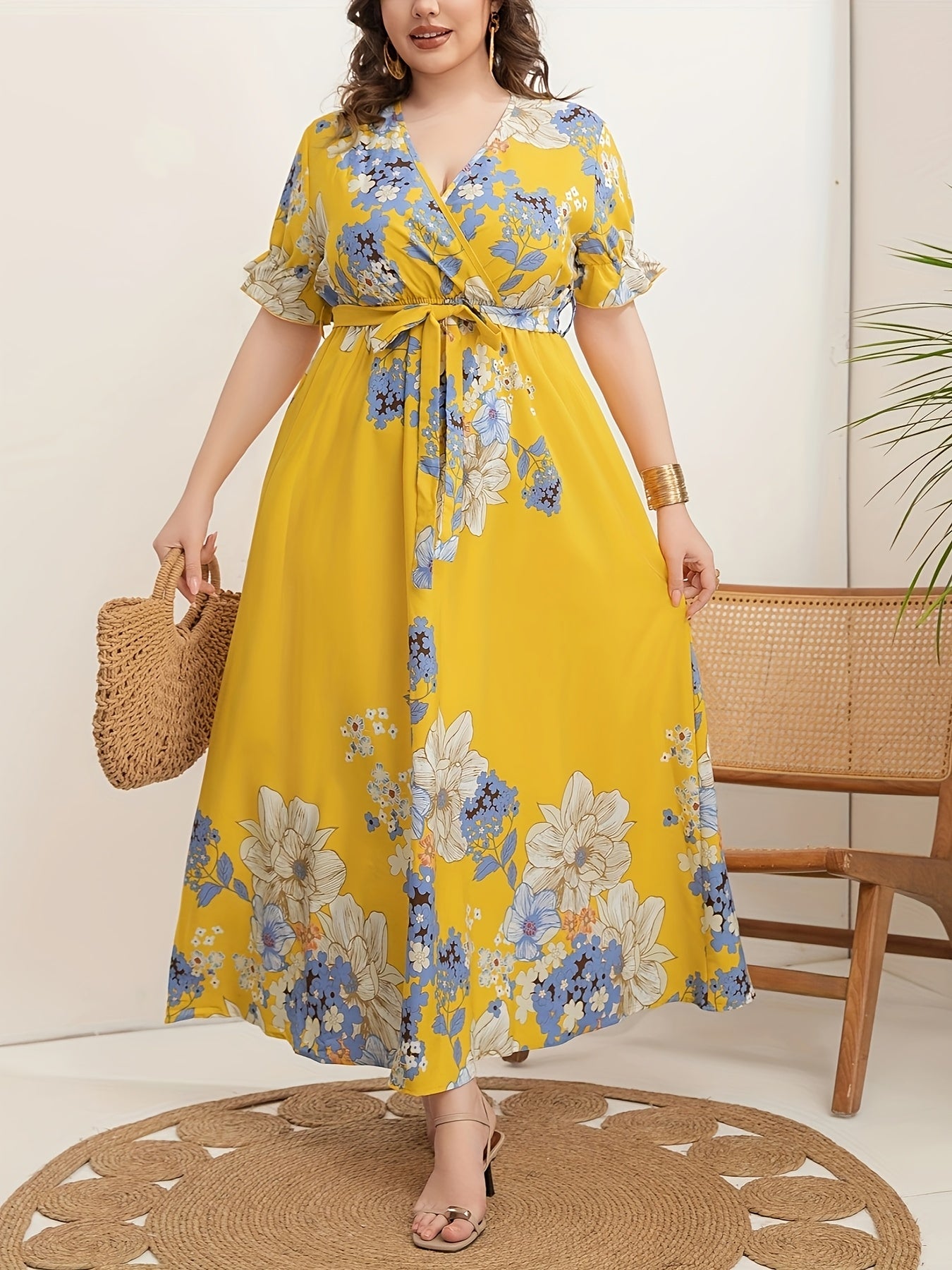 Women's Plus Size V-Neck Tunic Dress Polyester All-Season Striped Belt