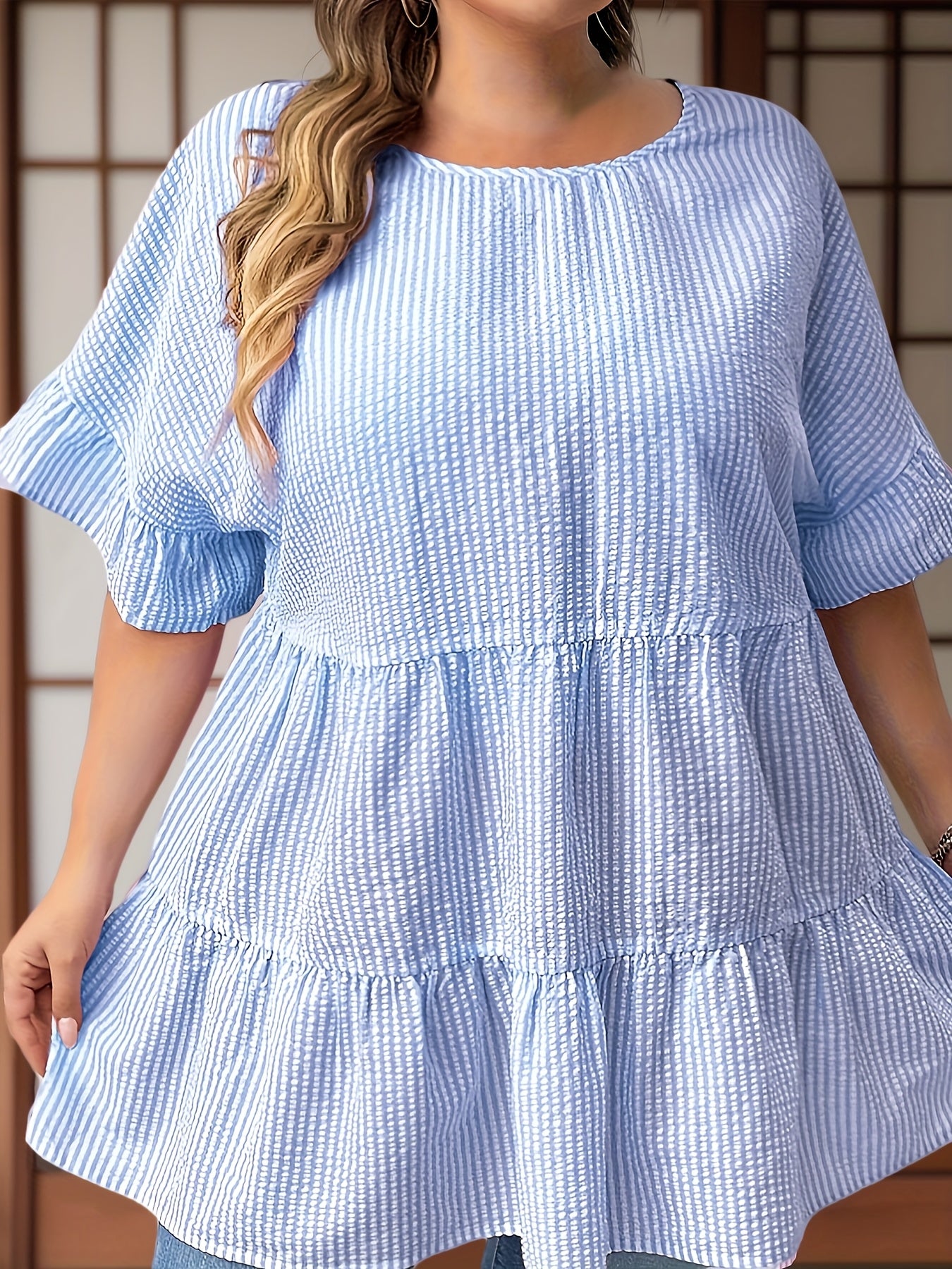 Women Plus Size Striped Ruffle Collar Short Sleeve Casual Shirt for Summer