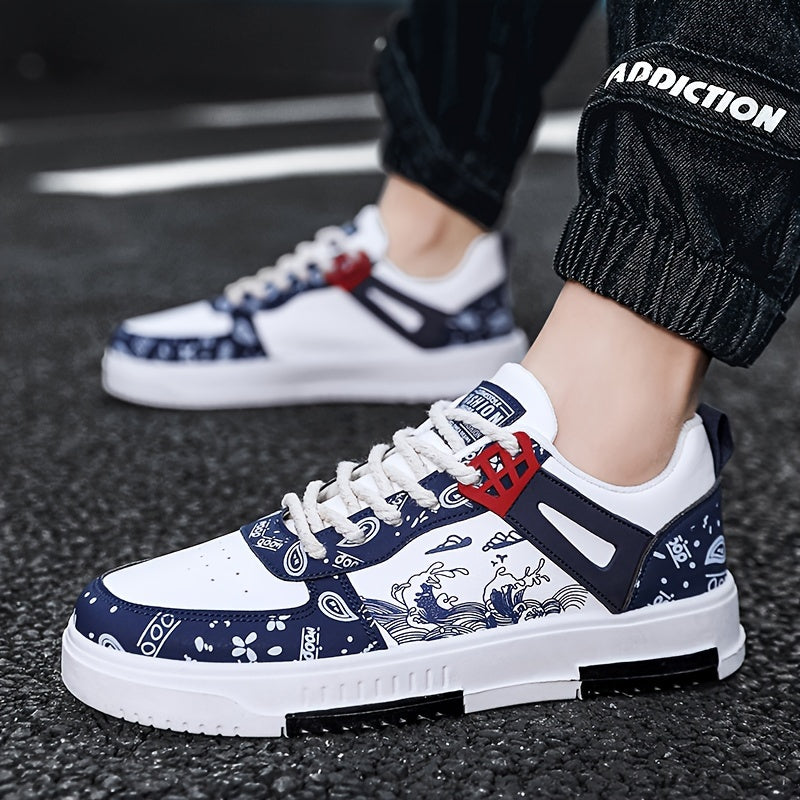 Erkaklar uchun pastki skate poyabzallari, to'lqin naqshiga ega, ochiq havoda yurish va sayohat qilish uchun mos. Sirpanmaydigan tasodifiy poyabzal.