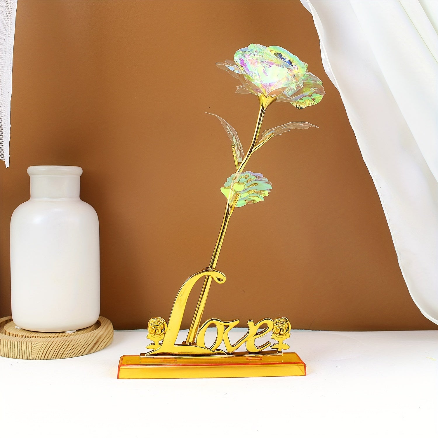 Juego de 2 rosas de oro artificial con base de amor arcoíris y rosas galaxia