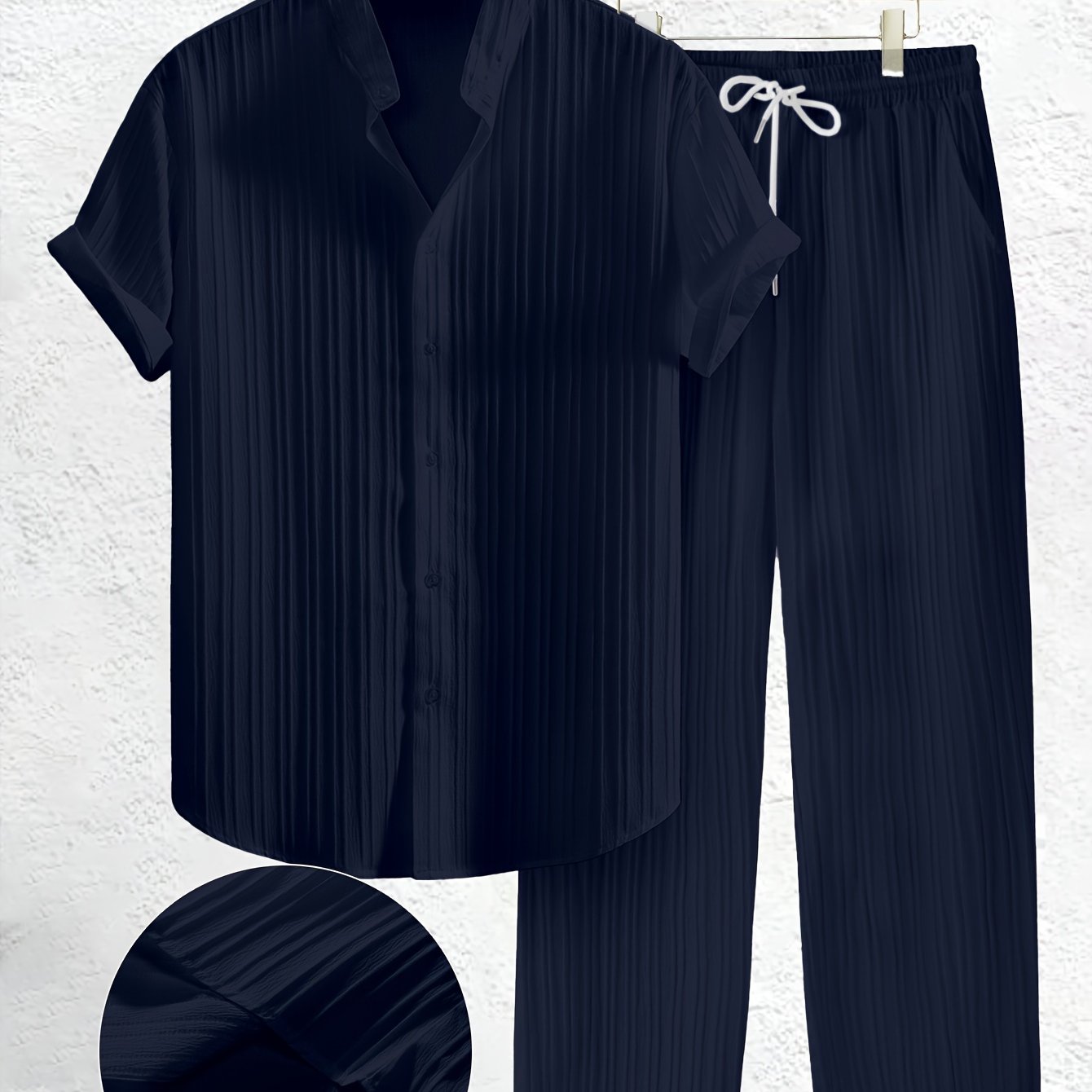 Men's Summer Solid Color Textured Shirt and Pants Set Polyester Casual