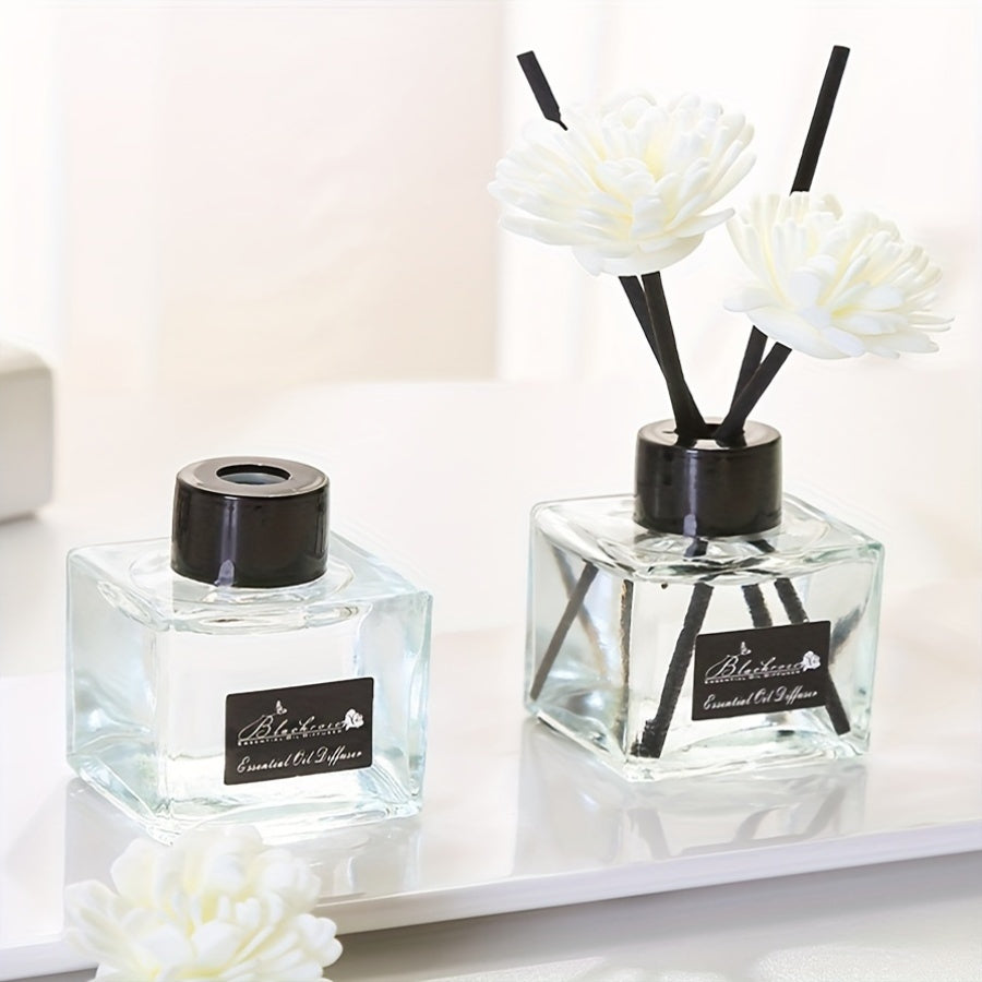 Элегантный белый цветочный диффузор с черными палочками, универсальный освежитель воздуха для ванной, спальни, автомобиля и использования на улице. Объем 1 л, стеклянный контейнер, интерьерная эстетика.